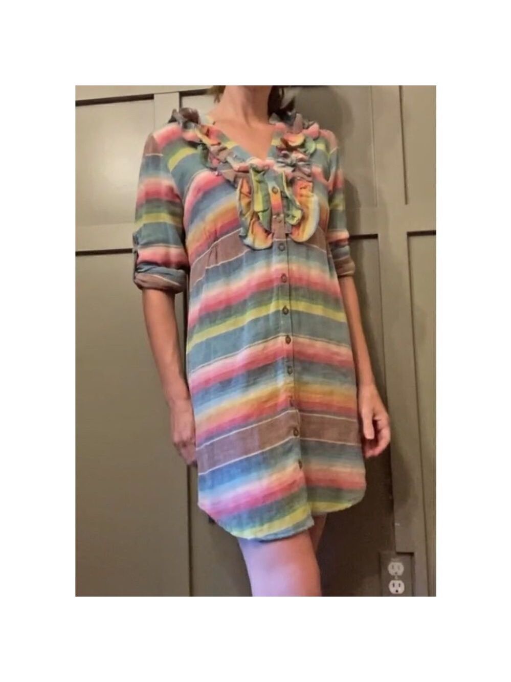 TASHA Polizzi Rainbow Stripe Serape Style Button Down Long Sleeve Shirt Dress S